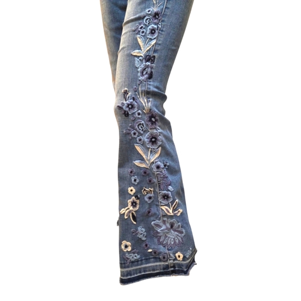 Floral Embroidered Wide Leg Jeans - Blue